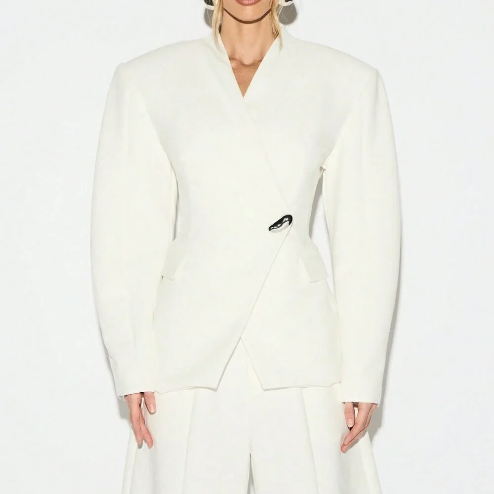 White Elegant Women's Balloon Sleeve V-Neck Blazer